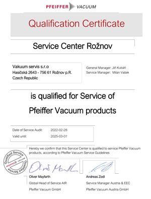 Certifikát servisního centra Vacuum servis