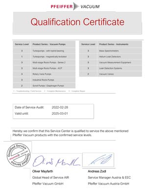 Certifikát servisního centra Vacuum servis